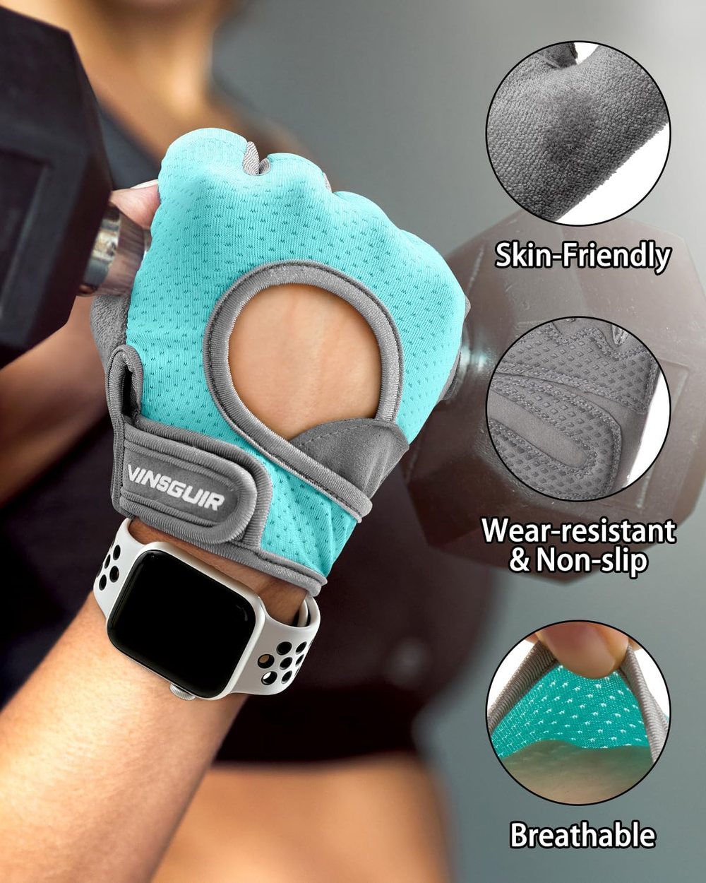 Breathable Padded Workout Gloves, Aqua-Gray — view 3