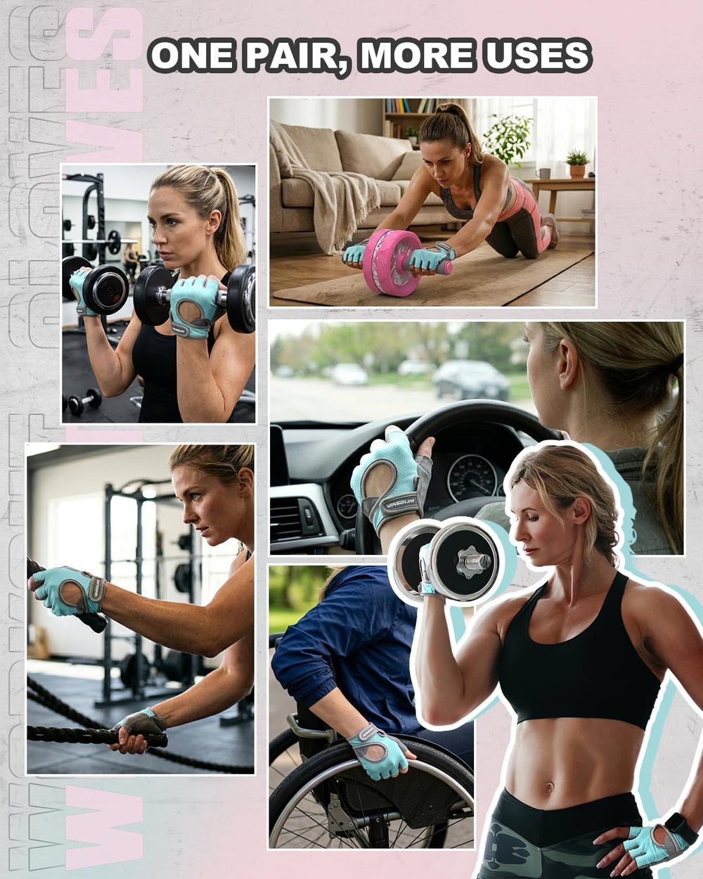 Breathable Padded Workout Gloves, Aqua-Gray — view 5