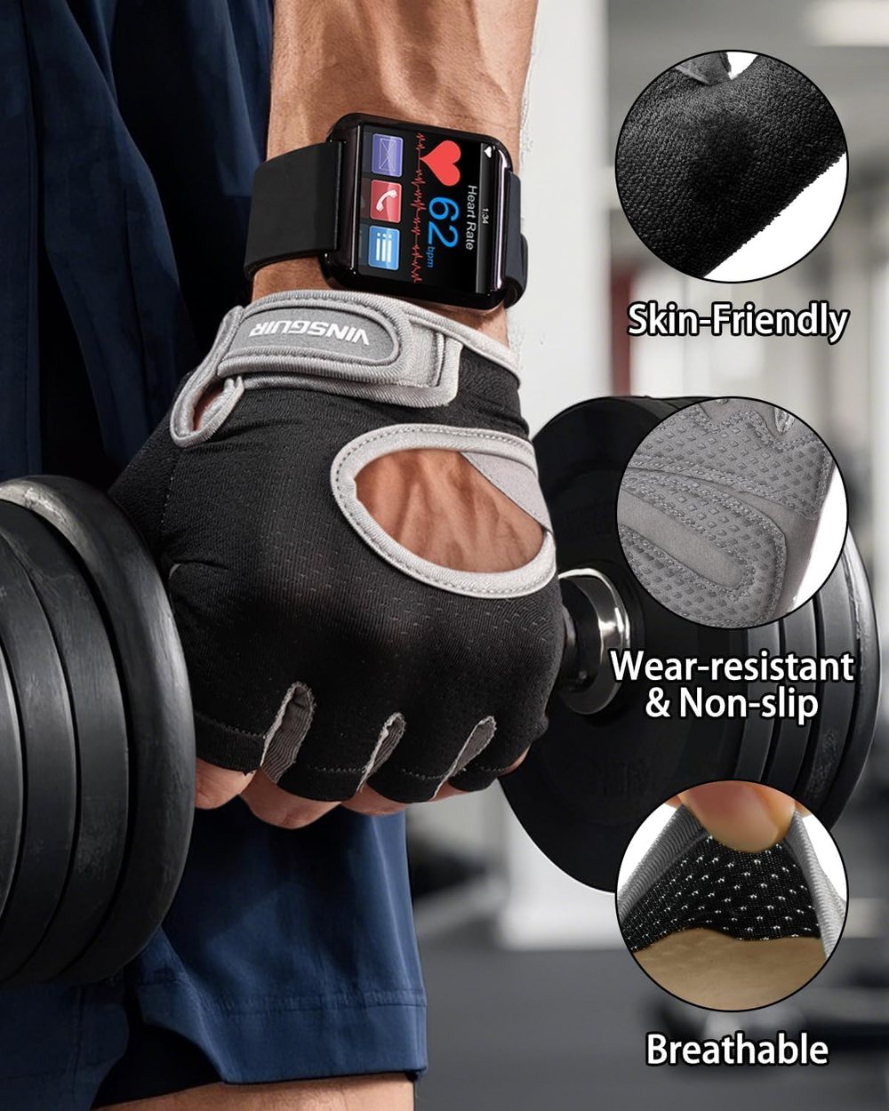 Breathable Padded Workout Gloves, Black-Gray — view 5
