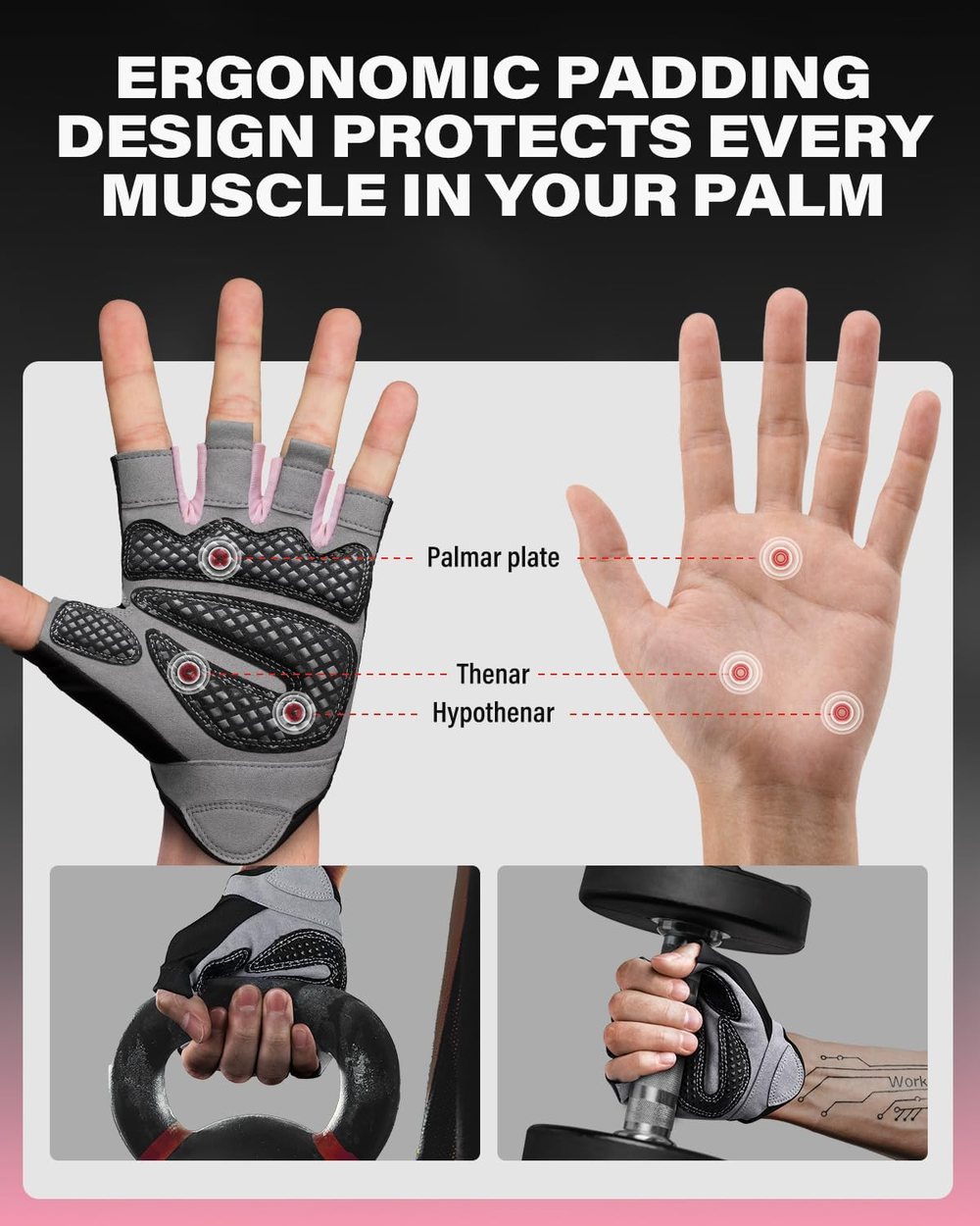 Enhanced Grip Gym Gloves, Black-Pink — view 4