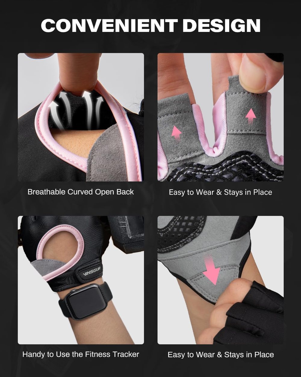 Enhanced Grip Gym Gloves, Black-Pink — view 5