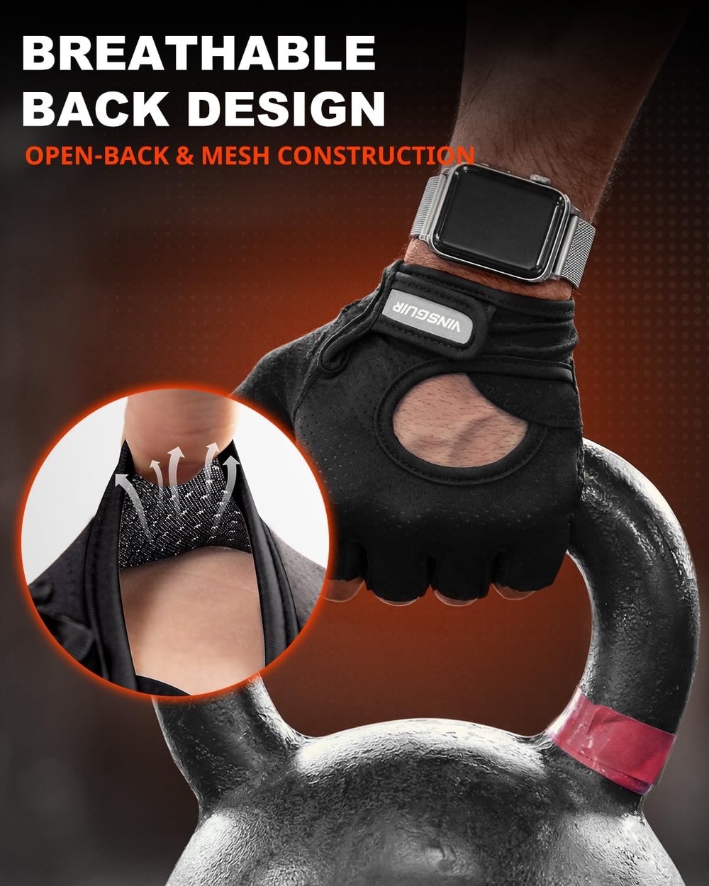 Breathable Padded Workout Gloves, Full Black — view 5