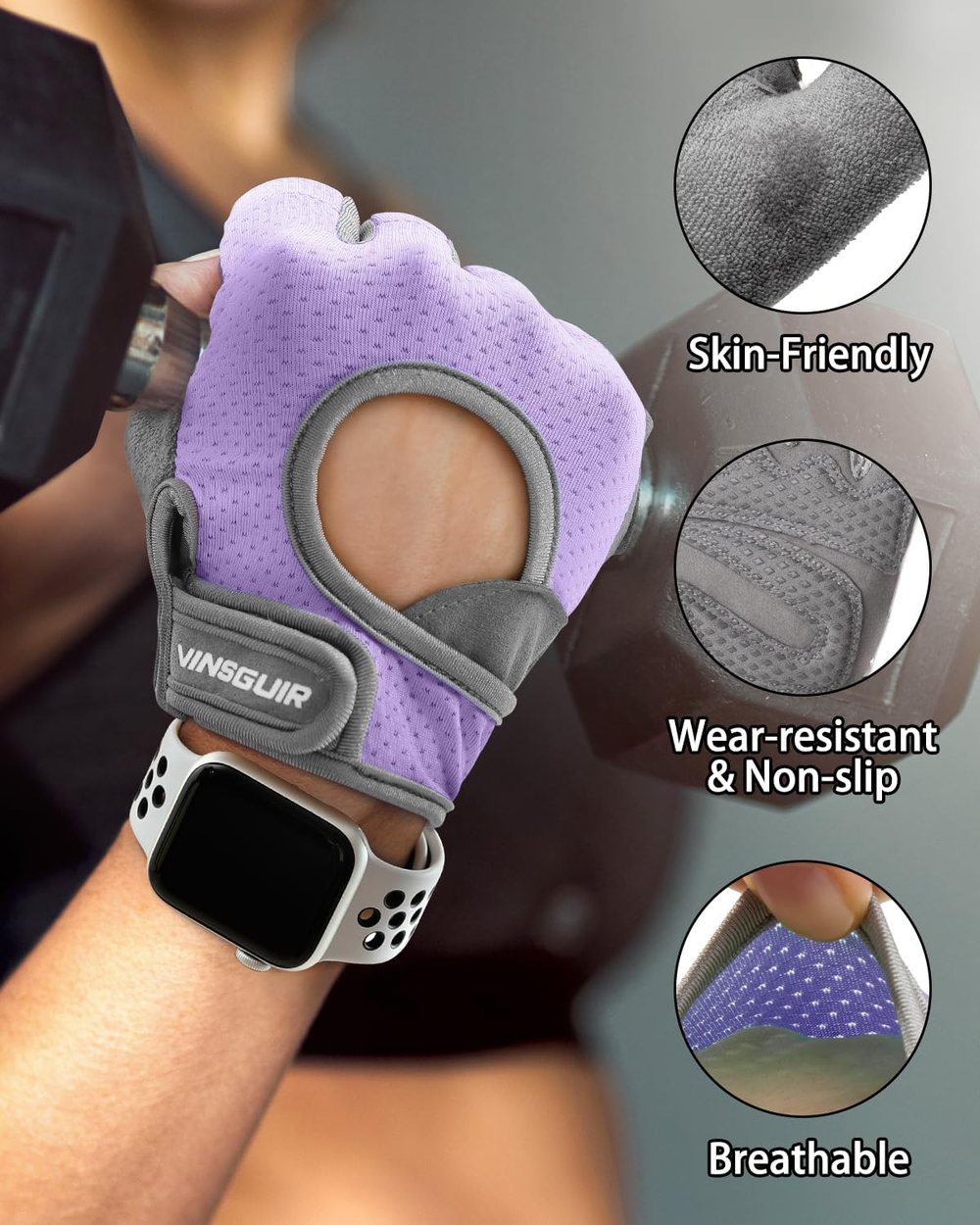 Breathable Padded Workout Gloves, Lavender-Gray — view 3