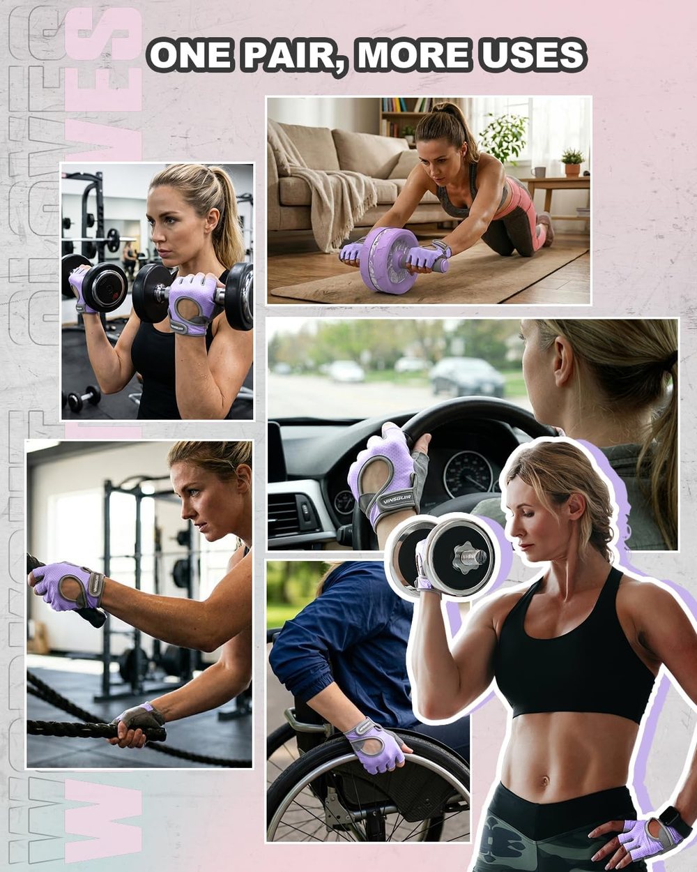 Breathable Padded Workout Gloves, Lavender-Gray — view 5