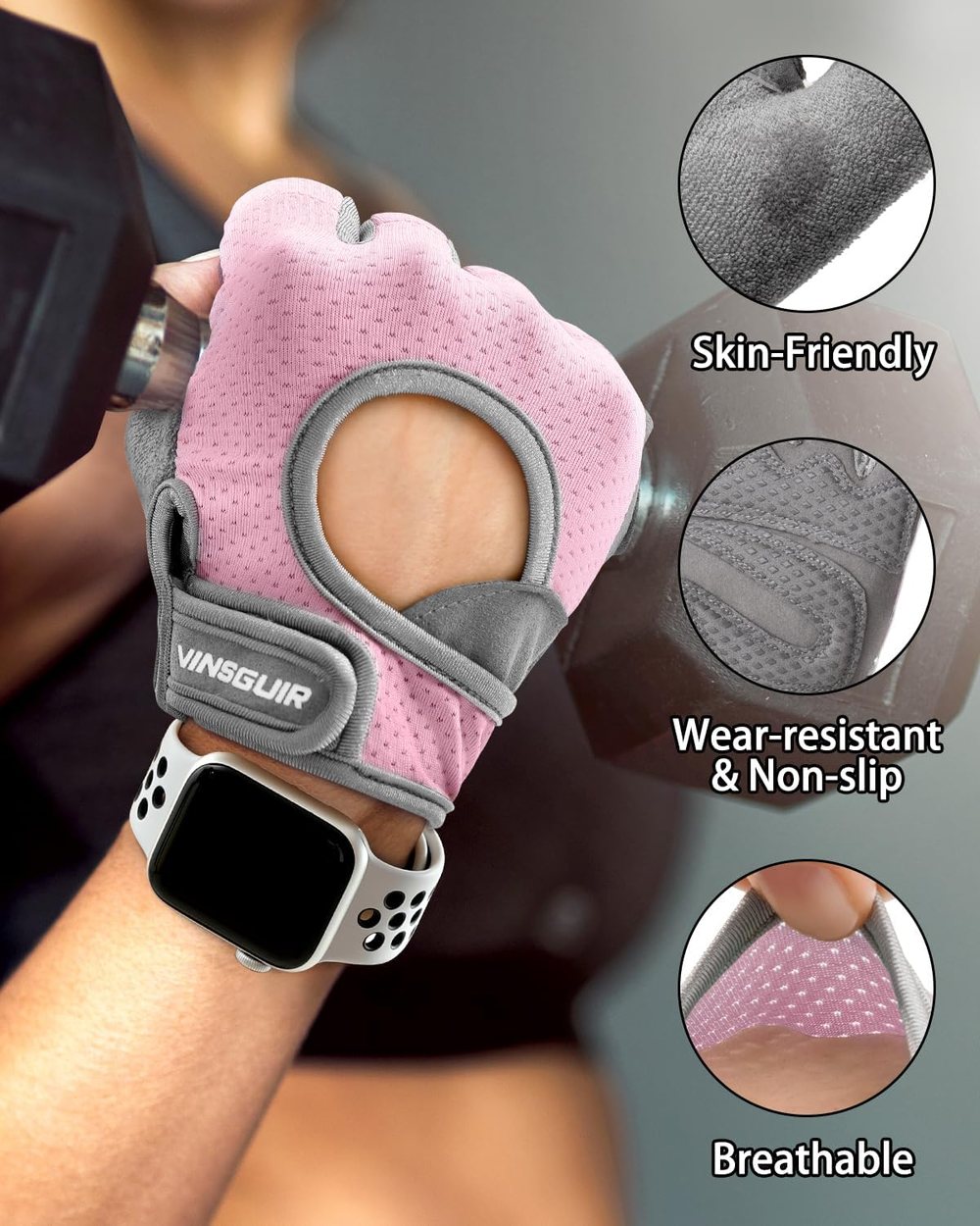 Breathable Padded Workout Gloves, Pink-Gray — view 2