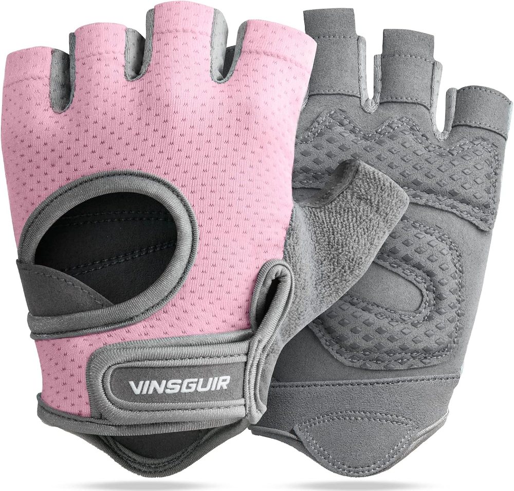 Breathable Padded Workout Gloves, Pink-Gray